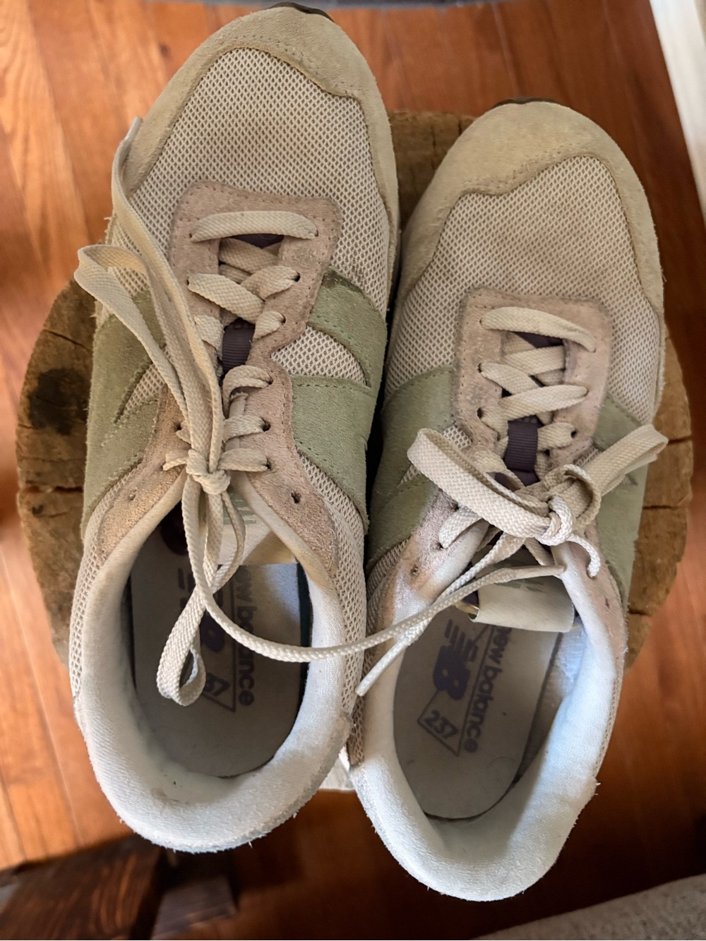 New Balance Beige and Light Green 237 Suede Mesh Sneakers